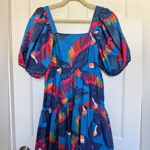 FARM Rio Blue Parrot Print Puff Sleeve Dress